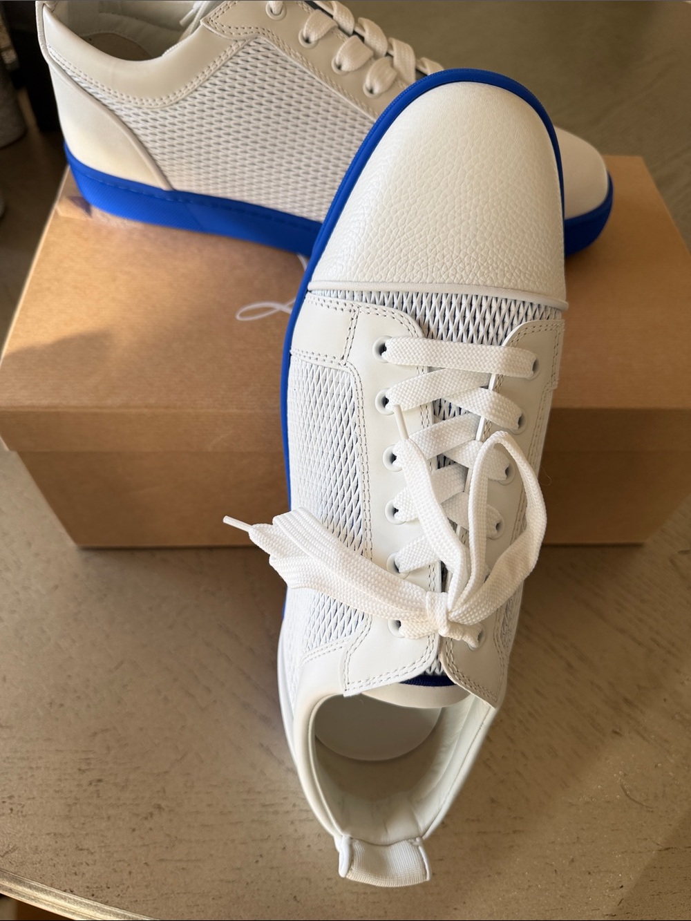 Christian Louboutin White Low-Top Sneakers with Blue Sole